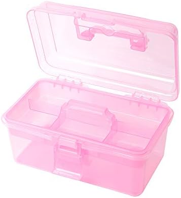 Multipurpose Plastic Storage Container Organizer Box Case with Removable Tray and Handle for Art, Craft, Sewing Supplies, Clear&Pink - Image 3