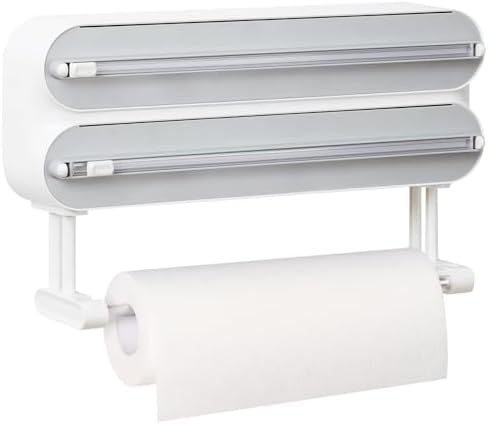 Magnetic Plastic Wrap Dispenser with Cutter - Refillable Aluminum Tin Foil and Plastic Wrap Organizer for Kitchen, Quasziwa Upgraded 3 in 1 Paper Towel Holder Wall Mount - Fits 12" Roll, White by Quasziwa