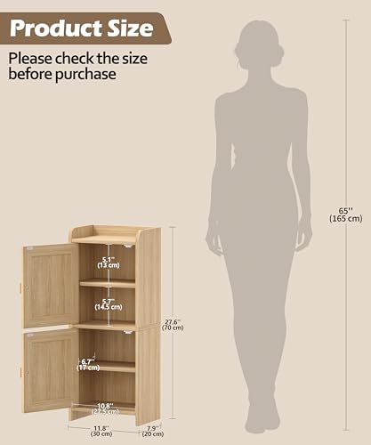 Akxomel Rattan Small Bathroom Cabinet Narrow Toilet Paper Organizer Oak - Image 3
