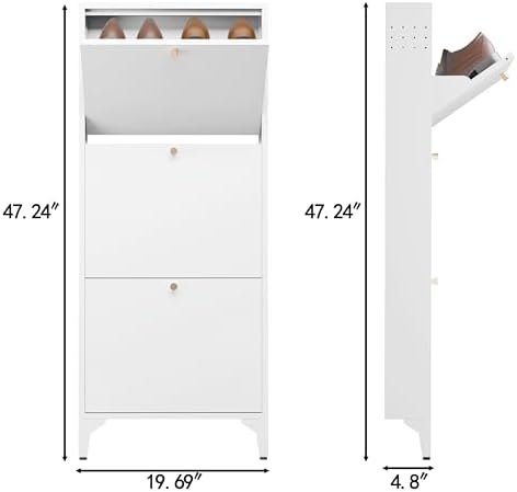 Shoe Cabinet with 3 Flip Drawers, Narrow Shoe Storage Cabinet, Farmhouse Shoe Organizer, Freestanding Organizer with Metal Legs for Entryway, Foyer (White, Narrow 3-Door) - Image 3
