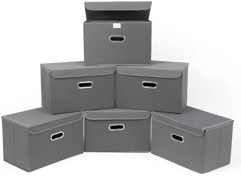 STOREONE Fabric Storage Cube Bins Foldable Organizer Container Collapsible Basket with Lids and Metal Handles, for Home, Bedroom, Closet 6 Pcs (Grey) by STOREONE