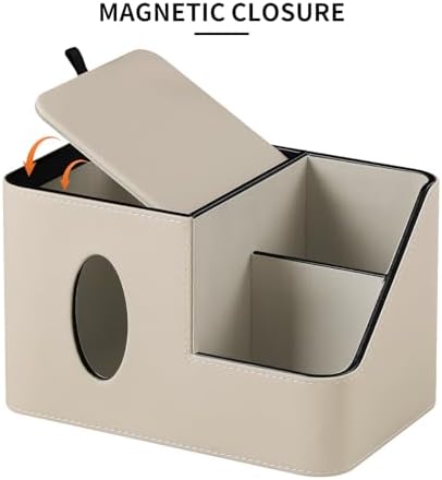 PU Leather Square Tissue Box Cover with Magnetic Closure, Tissue Holder with Storage Tray & Remote Control Organizer, for Nightstand, Living Room, Bathroom, Office Desk (Beige) - Image 5
