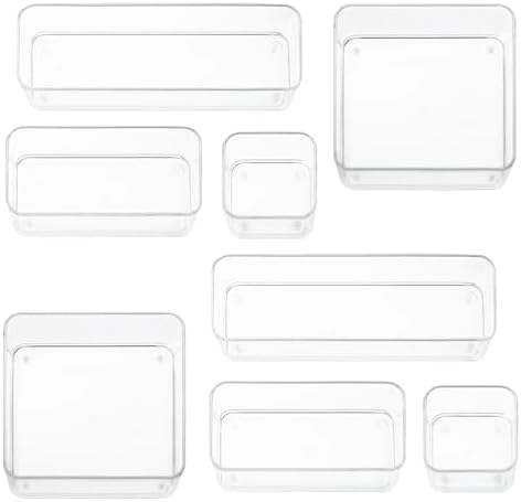 primebox Eight Piecs. Plastic Clear Drawer Organizers for Bathroom, Kitchen, Bedroom, Office Organizer Bins, Storage Trays. Heavy Duty, Stackable 4 Sizes by primebox