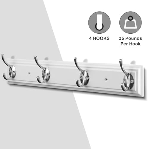 Coat Rack Wall Mounted White, 17" Wooden Modern Wall Coat Hanger with 4 Hooks, Heavy Duty Zinc Alloy Wall Hook Rack for Hanging Coats, Keys, Bags, Great Touch for Bedroom Bathroom Kitchen - Image 6