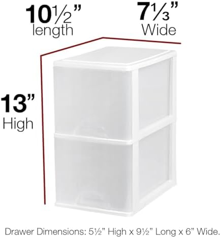 Plastic Small 2-Drawer Storage Organizer, Slim Narrow, White/Clear Crafts Drawers Storage Organizer (13"H x 10"D x 7"W) - Image 2