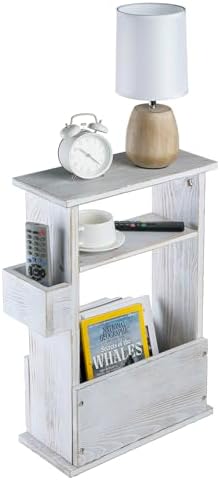 MyGift Wide Side Table, Slim End Sofa Table in Whitewashed Wood with Storage Shelf, Magazine and Remote Holder, Narrow Side Table by MyGiftHome