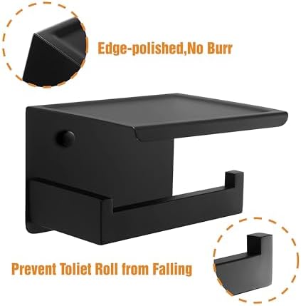 HITSLAM Toilet Paper Holder with Shelf, Stick on Matte Black Toilet Paper Roll Holder, Self Adhesive or Wall-Mount with Screws for Bathroom,Washroom - Image 3