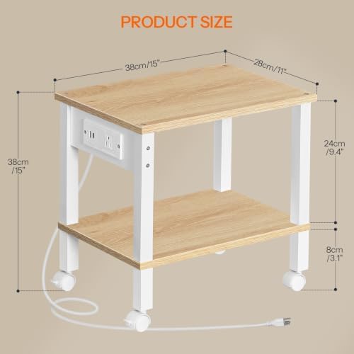 HOOBRO 2-Tier Printer Stand with Charging Station, Under Desk Printer Table, Printer Cart with Storage Shelves, Shelf for Small Spaces, for Home Office, Natural WN38UPS01 - Image 3