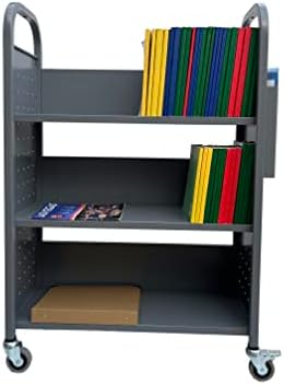 Workington Rolling Book Truck Book Cart with 3 Flat Shelves, Library Book Cart with Swivel Lockable Casters 3001 Gray - Image 2