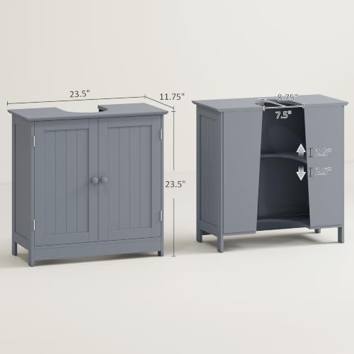 HOMCOM Under Sink Bathroom Cabinet with 2 Doors, Shelf, U-Shape, Gray - Image 3