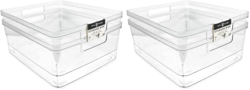 Isaac Jacobs 4-Pack Large Clear Storage Bins (11.5” L x 14” W x 5.5” H) w/Cutout Handles, Plastic Organizer for Home, Office, Kitchen, Fridge/Freezer, Bathroom, BPA Free, Food Safe (Large) by IsaacJacobs