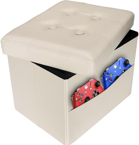 AmasSmile Ottoman with Storage,16" Folding Leather Foot Rest Chest,Beige by AmasSmile