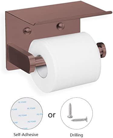 VAEHOLD Self Adhesive Toilet Paper Holder with Phone Shelf Stainless Steel Wall Mounted Toilet Paper Roll Holder - Rustproof and Bathroom Washroom Tissue Roll Holder with Shelf - Red Copper - Image 2