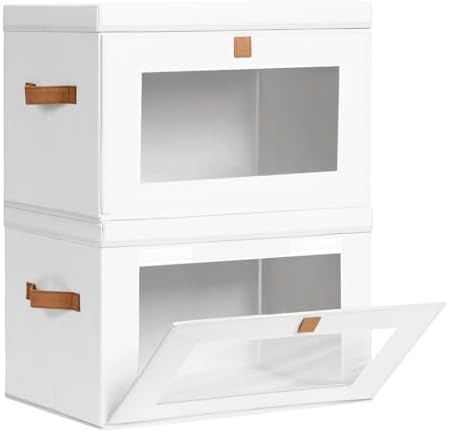 Homsorout Large Clothing Storage Bins - Collapsible Boxes with Handles & Window, Decorative Organizer Bins with Lids, Fabric Containers for Living Room, Dorm, 2 Pack, White by Homsorout