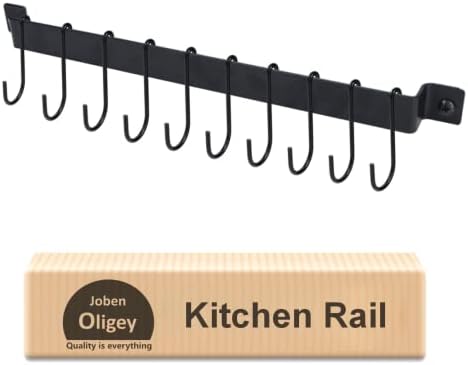 Wrought Iron Kitchen Holder: 10-Hook Wall-Mounted Utensil Rack with Black Finish - Ideal for Pots, Pans, Coffee Mugs by JobenOligey