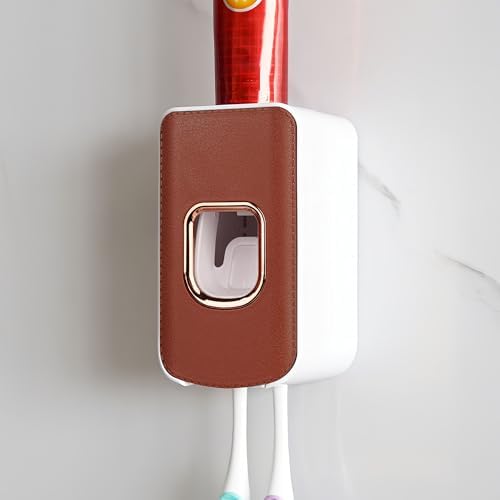 2 Slot Plastic Toothbrush Holder and Toothpaste Dispenser Wall Mounted, Automatic Toothpaste Squeezer, 2 in 1 Tooth Brush Toothpaste Organizer for Shower (Brown) by LUEXBOX