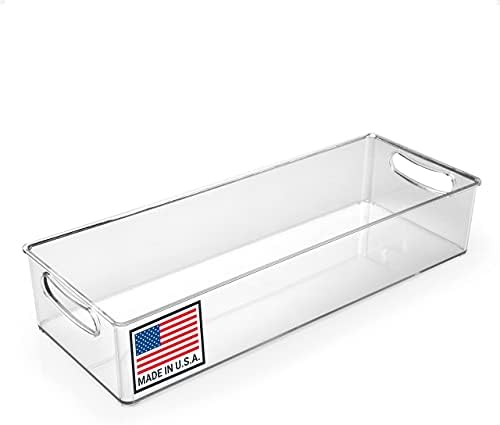 Pikanty Clear Refrigerator Organizer Bin with Handles — 15 Inch Stackable Fridge and Pantry Storage Container for Snacks, Produce, Cans, Yogurt, Condiments, Dishwasher and Freezer Safe, Made in USA by Pikanty
