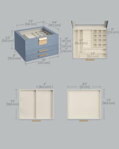 SONGMICS Jewelry Box with Glass Lid, 3-Layer, 2 Drawers - Image 5