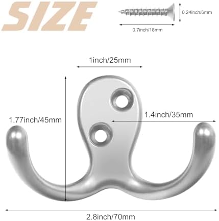 Homanu 10 Pack Silvery Coat Hooks Wall Mounted Double Prong with 20 Screws - Image 5