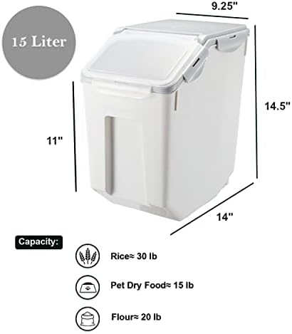 HANAMYA 15 Liter / 30 lbs Rice Storage Container with Measuring Cup, BPA free, For Rice | Grain | Pet Food | Flour, 2 count, White & Gray - Image 3