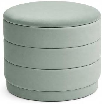 Round Storage Ottoman, 22.8" Velvet Footstool, Sage Green by ZOLANOful