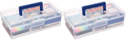 JUXYES Plastic Carry Storage Box with Removable Dividers, Clear Art Craft Supply Storage Bin Sewing Box with Handle Lid, 2 Layers Stationery Storage Case for School/Office Supplies (Pack of 2) by JUXYES