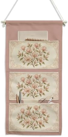 IAXIC Vintage Pink Magnolia Canvas Wall Hanging Organizer with Pockets by IAXIC