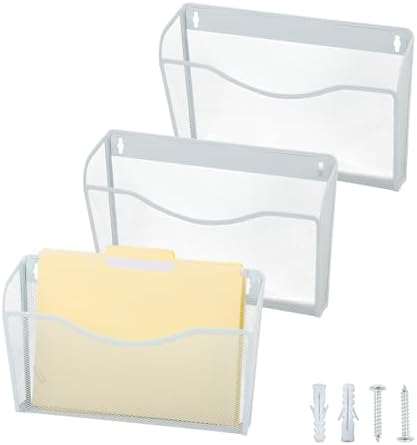 EASEPRES 3 Single Pocket Mesh Hanging File Organizer, Vertical Wall Mounted Magazine File Holder, Mount Basket Mail Paper Document Folder Organizing for Office, Home and School, White by EASEPRES