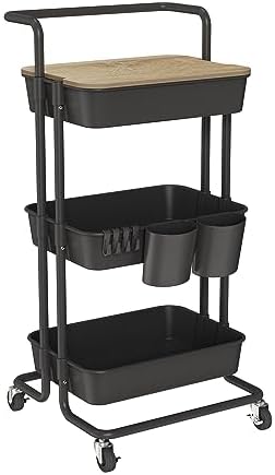 DTK 3 Tier Rolling Cart Uility Cart with Cover Board, Mobile Storage Cart with Wheels, Cups, Hooks for Office Utility Kitchen Bathroom Homeschool Art Craft Postpartum Teacher Cart Organizer(Black) by DTK