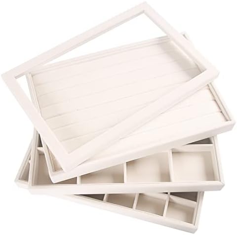 Coward Stackable Jewelry Trays Organizer Set with Clear Lid, Trays for Drawer, Earring Necklace Bracelet Ring Display Organizer (beige(ring+12girds+30girds+The glass lid)) by FocusOnJewelryDisplay15yrs