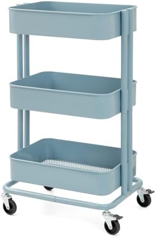 3 Tier Rolling Cart Metal Heavy Duty Utility Cart with Silent Caster Lockable Wheels Multi-Functional Organization Carts Storage Trolley with Mesh Shelves for Office Kitchen Living Room Blue by CARTTECH