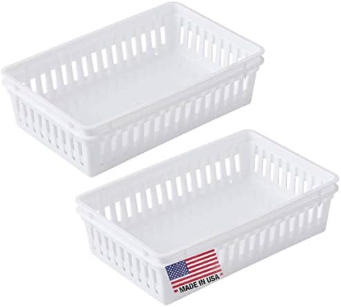 Tribello Plastic Bin Baskets for Organizing, White Storage Tray, Rectangle 9 x 6 x 2 - Pack of 4 - Made in USA by Tribello