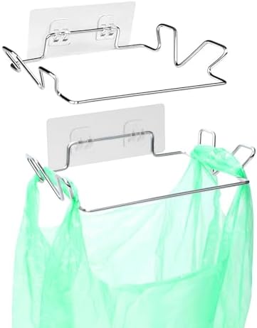 2 Pcs Stainless Steel Trash Bag Holder for Kitchen Cabinets Doors and Cupboards, Under Sink Bag Hanger, Portable Trash can, Waste Bins, Wall Adhesive Hanging Garbage Bins, With Wall Sticker Base by OYSIR
