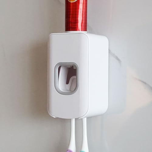 2 Slot Toothbrush Holder and Toothpaste Dispenser Wall Mounted, Automatic Toothpaste Squeezer, 2 in 1 Tooth Brush Toothpaste Organizer for Shower (White) by LUEXBOX