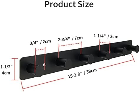 Coat Rack Wall Mounted, Black Coat Hooks Adhesive & Screw in, Stainless Steel Door Hooks for Hanging Hat Towels Clothes, Hook Rail with 6 Round Hangers - Image 2