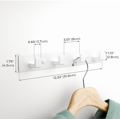 White Coat Rack Wall Mount - 12.5" Rail with 4 Right-Angle Hooks(1 Pack) - Image 2