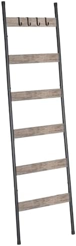 HOOBRO Blanket Ladder, 6-Tier Towel Rack with Hooks, Wall-Leaning Blanket Rack, Decorative Display Ladder Shelf, Scarves, Industrial, Living Room, Bedroom, Black and Greige BG66CJ01 by HOOBRO