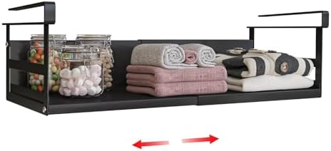 Expandable Under Cabinet Shelf Organizer with 0.94-Inch Thick Clips, Heavy Duty Extendable Under Shelf Storage Basket for Pantry or Laundry Room, Black, 1 Pack, Interior: 4.13" H x 7.2" D by SHINEWON