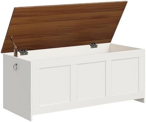 HOOBRO 47.2" Large Storage Bench, Retro Storage Chest with Safety Hinge, Wooden Storage Trunk, Toy Chest with Lift Top for Bedroom, Living Room, Entryway, White and Walnut WH412CW01G1 by HOOBRO