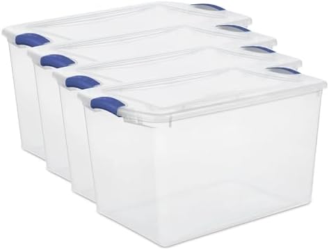 Large Storage Bin with Latch Lid (4 Pack) – 66 Quart Clear Plastic Storage Container, Blue Latches, Stackable Bins for Home Organization by Unknown