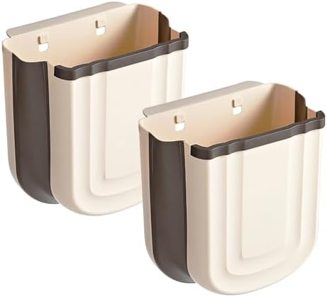 2 Pack Kitchen Hanging Trash Can, 2.4 Gallon / 9L Collapsible Waste Bin, Small Kitchen Compost Bin for Food Scraps, Wall Mounted Garbage Can for Bathroom, Car, RV（Khaki） by Aimkeoulee