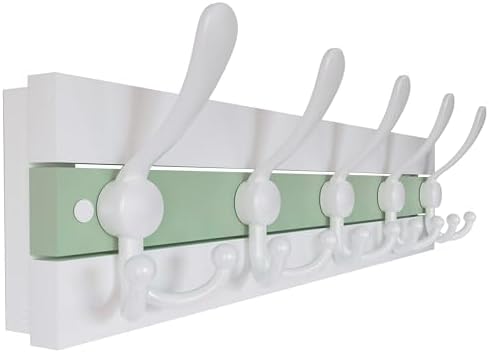 SKOLOO Coastal Wall Mounted Coat Rack - 16-7/8" Beach House Entryway Wooden Coat Hook with 5 Hooks for Hanging Coats, Hats or Towels, Oceanfront Cottage Core Collection, White & Green by SKOLOO