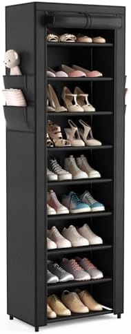 VILICK Shoe Rack with Cover Narrow Shoe Organizer with 4 Side Pockets 10 Tier Tall Shoe Storage Holds 18-22 Pairs Shoes and Boots Shoe Rack for Closet Entryway Garage by VILICK