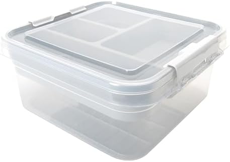 Simplify 5 Compartment Gift Supply Storage Box | 2 Tier Box | Red | Clear Top Lid | Dimensions: 9.5"x 9.5"x 4.5" | Snap Handle| Storage | Wrapping Accessories| White by Simplify