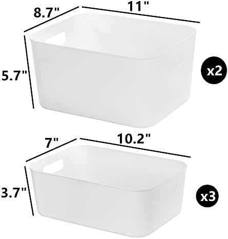 Peohud 5 Pack White Plastic Storage Bins, Pantry Organization and Storage Baskets with Handles, Open Plastic Storage Container for Home, Kitchen, Office, Shelves, Cabinet, Under Sink Organizer - Image 2