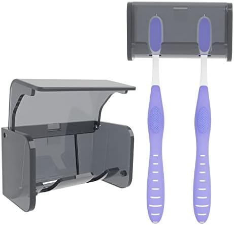 Toothbrush Holder Wall Mounted with Cover for Bathroom, 2 Slots Toothbrush Storage Organizer for Shower, Self Adhesive Toothbrush Hanger Rack for Dorm, Cabinet (Grey) by LUEXBOX
