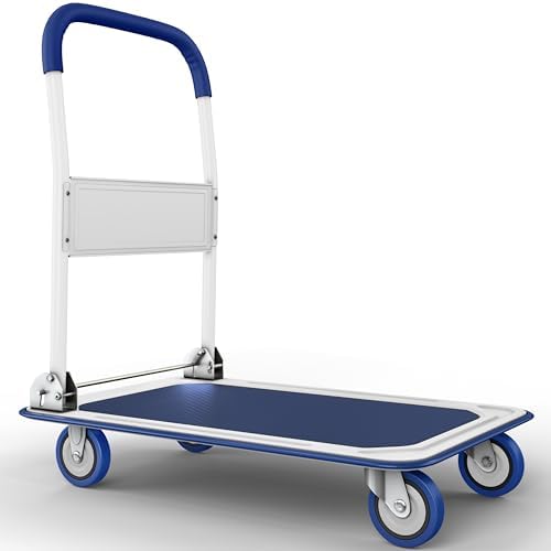 Heavy Duty Foldable Push Cart Dolly | 660 lbs. Capacity | Upgraded Collapsible Hand Truck Folding Platform with Swivel Wheels | Flat Bed Moving Wagon | Space Saving Push Handle (Blue) by LifetimeApplianceParts