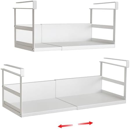 Expandable Under Cabinet Shelf Organizer with 0.94-Inch Thick Clips, Heavy Duty Extendable Under Shelf Storage Basket for Pantry or Laundry Room, White, 2 Pack, Interior: 5.7" H x 7.2" D by SHINEWON