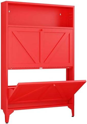 Shoe Cabinet with 2 Flip Drawers, Narrow Shoe Storage Cabinet, Farmhouse Shoe Organizer, Freestanding Organizer with Metal Legs for Entryway, Foyer (Red, 2 Door) by LINGZOE