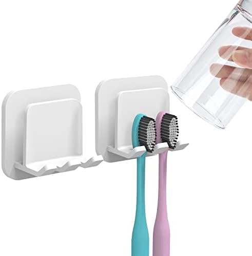 2 PCS Self-Adhesive Toothbrush Holders Wall Mounted, Water Proof Toothbrush Hook, 2 in 1 with Toothbrush Hanger and Gargle Cup Holder for Bathroom Shower (White) by LUEXBOX